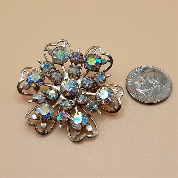 Vintage Aurora Borealis Floral Brooch, 1 1/2" Gold Tone, 1950s Vintage Jewelry - Picture 9 of 9